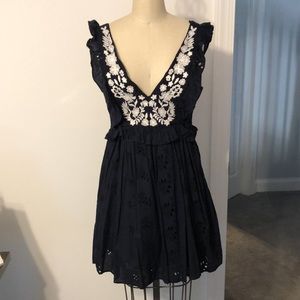 EUC Zara navy blue dress with deep V Neck, Ruffles, and Embroidery